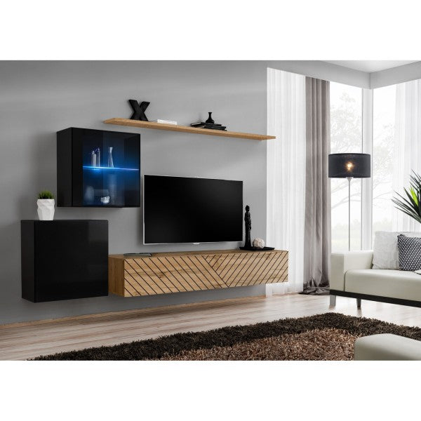 SWITCH XV hanging wall unit, noir brillant with chêne Wotan, slatted fronts — vue 2