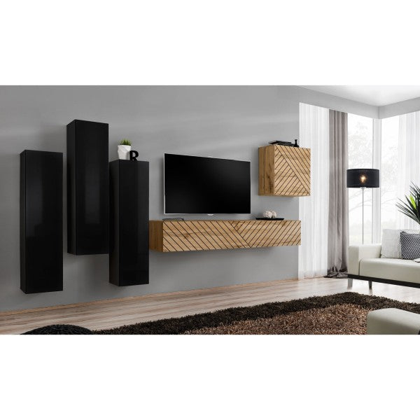 SWITCH III hanging wall unit, noir brillant with chêne Wotan, slatted fronts