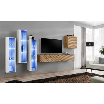 SWITCH XIII hanging wall unit, blanc brillant with chêne Wotan, slatted fronts — vue 2
