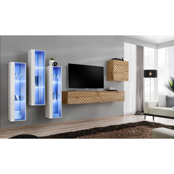 SWITCH XIII hanging wall unit, blanc brillant with chêne Wotan, slatted fronts — vue 2