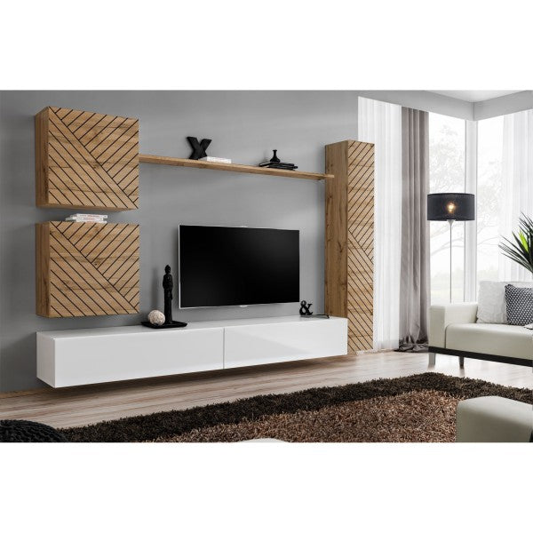 SWITCH VIII hanging wall unit, chêne Wotan with blanc brillant, slatted fronts
