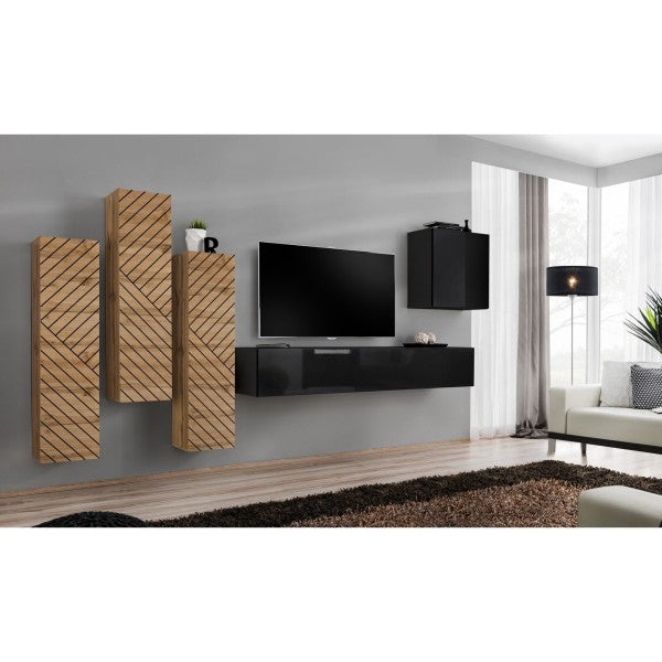 SWITCH III hanging wall unit, chêne Wotan with noir brillant, slatted fronts
