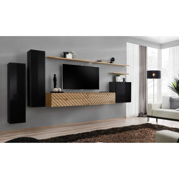 SWITCH et hanging wall unit, noir brillant with chêne Wotan, slatted fronts — vue 2