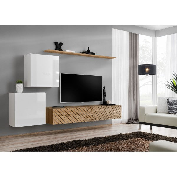 SWITCH V hanging wall unit, blanc brillant with chêne Wotan, slatted fronts