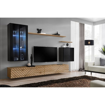 SWITCH XII hanging wall unit, noir brillant with chêne Wotan, slatted fronts — vue 2