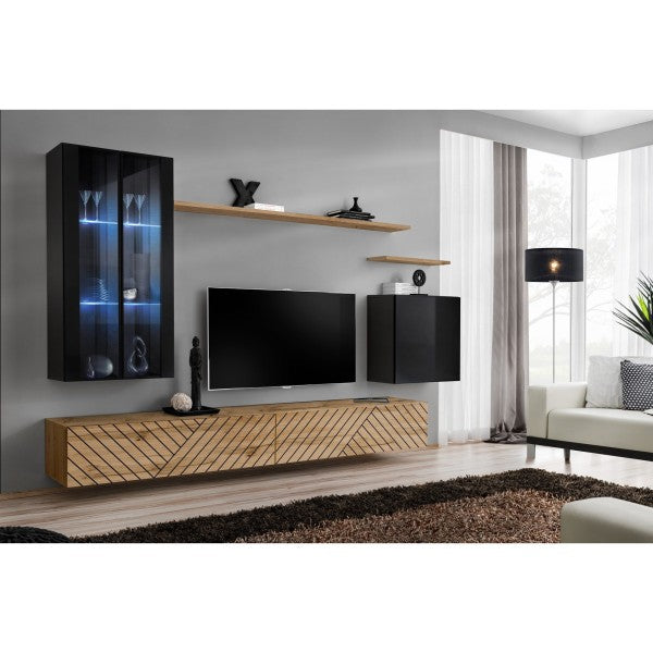 SWITCH XII hanging wall unit, noir brillant with chêne Wotan, slatted fronts — vue 2
