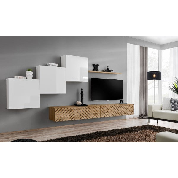 SWITCH X hanging wall unit, blanc brillant with chêne Wotan, slatted fronts — vue 2