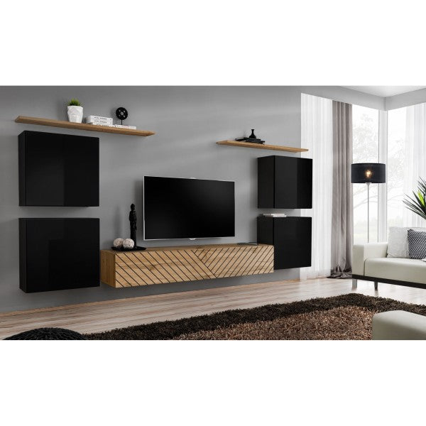 SWITCH IV hanging wall unit, noir brillant with chêne Wotan, slatted fronts