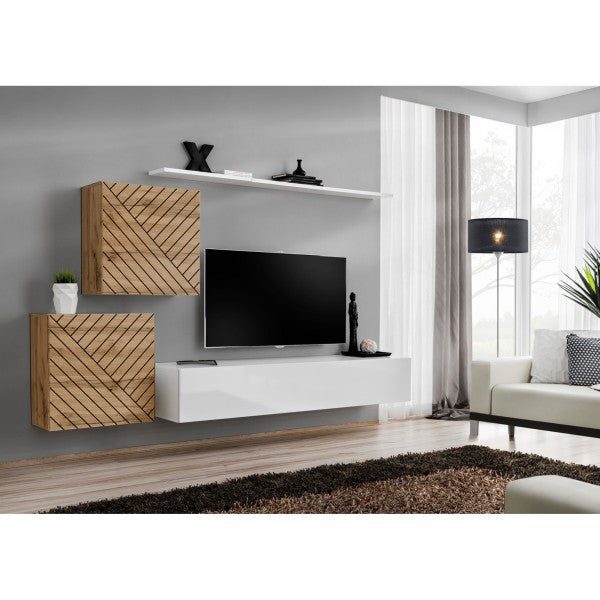 SWITCH V hanging wall unit, chêne Wotan with blanc brillant, slatted fronts