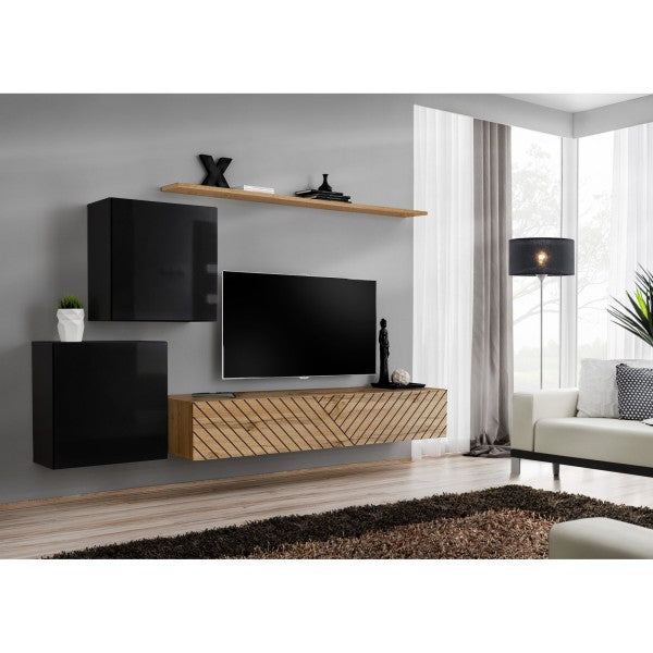 SWITCH V hanging wall unit, noir brillant with chêne Wotan, slatted fronts