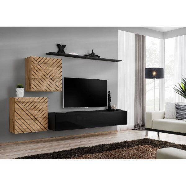 SWITCH V hanging wall unit, chêne Wotan with noir brillant, slatted fronts