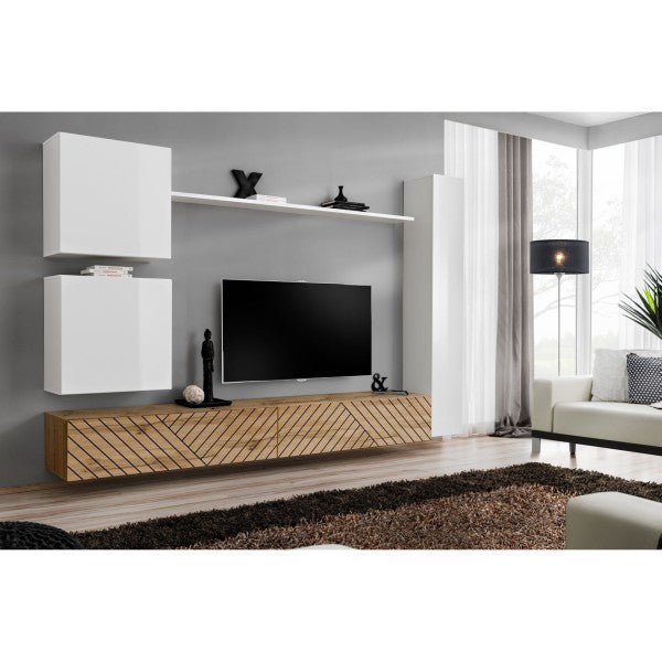 SWITCH VIII hanging wall unit, blanc brillant with chêne Wotan, slatted fronts