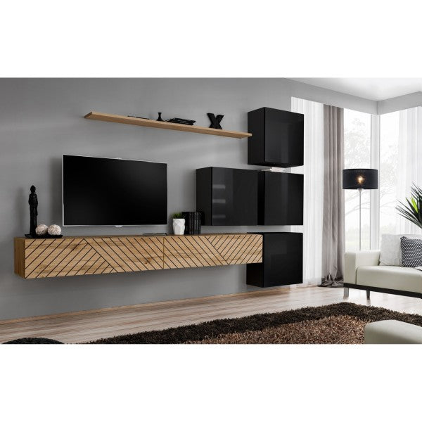 SWITCH IX hanging wall unit, chêne Wotan with noir brillant, slatted fronts — vue 2