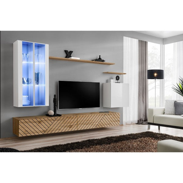 SWITCH XII hanging wall unit, blanc brillant with chêne Wotan, slatted fronts — vue 2