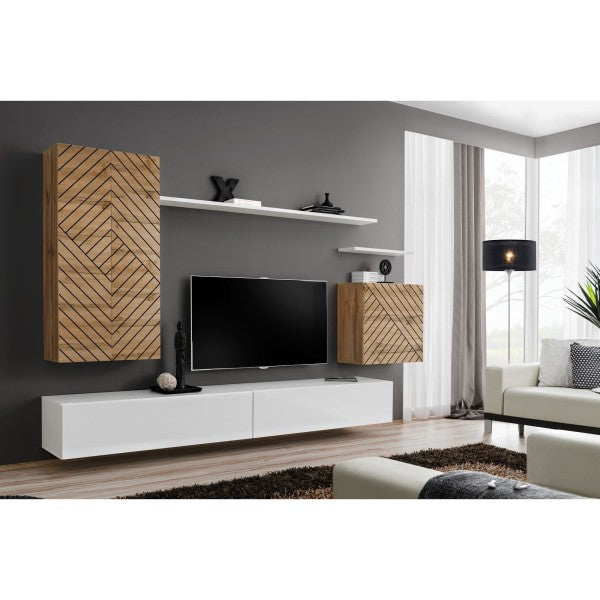 SWITCH II hanging wall unit, chêne Wotan with blanc brillant, slatted fronts