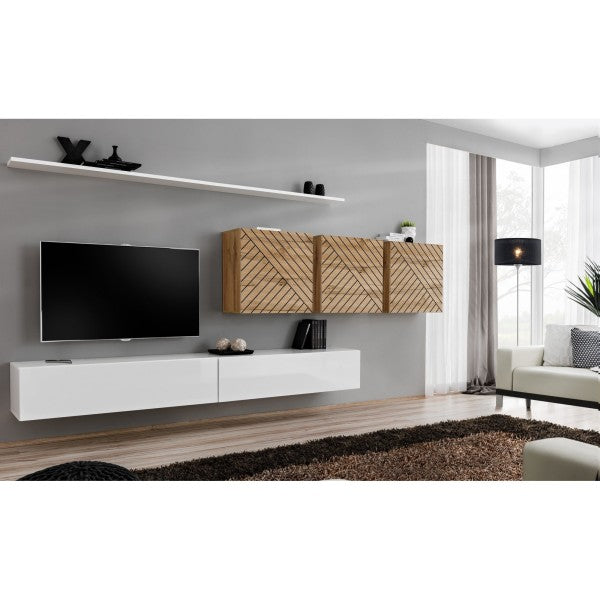 SWITCH VII hanging wall unit, blanc brillant with chêne Wotan, slatted fronts