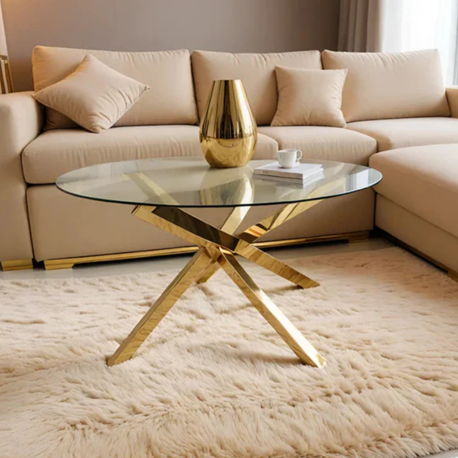 Table Basse Ronde en Verre ou Effet Marbre avec Structure Dorée ou Argentée