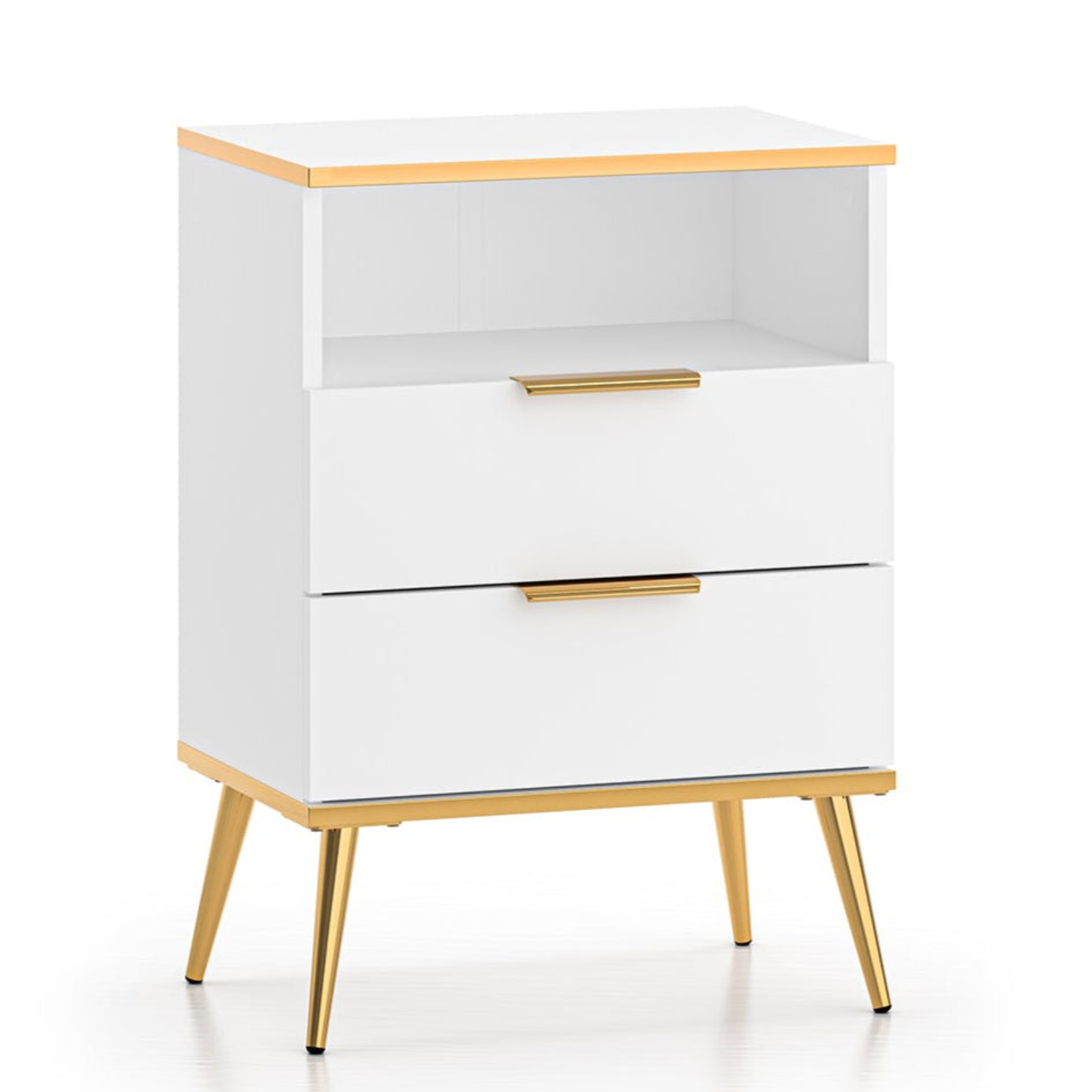Table de chevet en bois blanc laqué mat et structure dorée