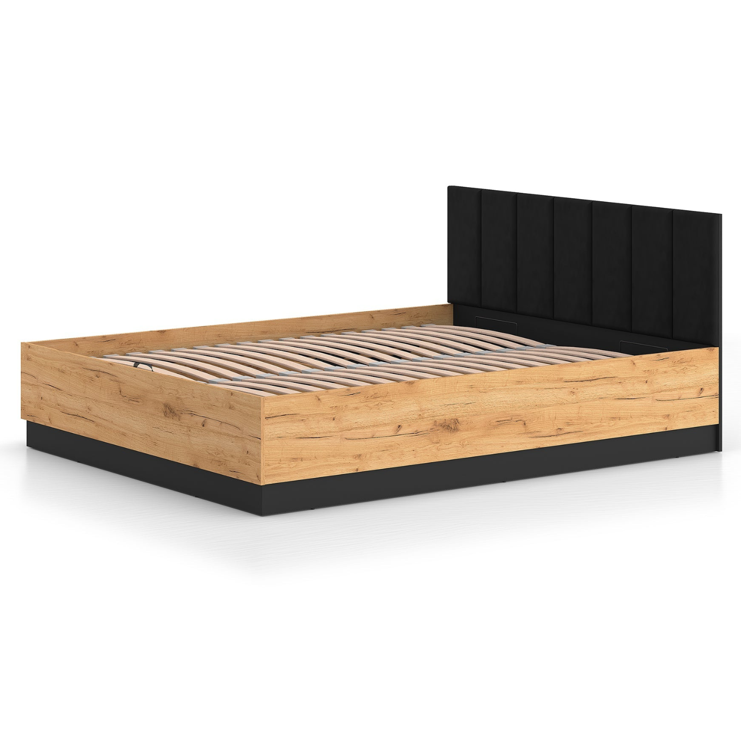 Lit en Chêne Craft Or + Noir avec Appuie-tête en Velours Noir – Design Élégant et Résistant