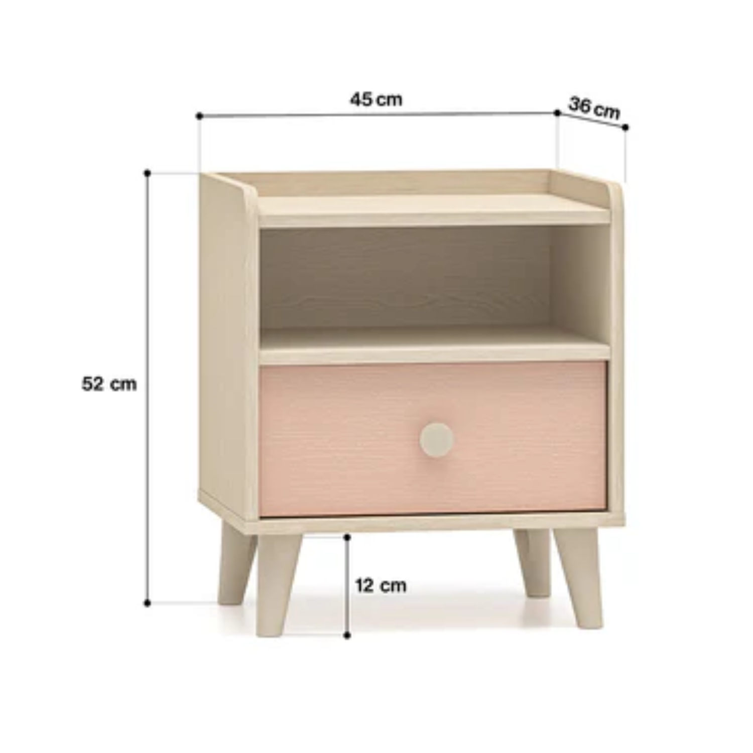 Table de chevet pour enfant en rose millénaire et sable du désert, avec bordure en ABS résistante aux chocs et à l'humidité