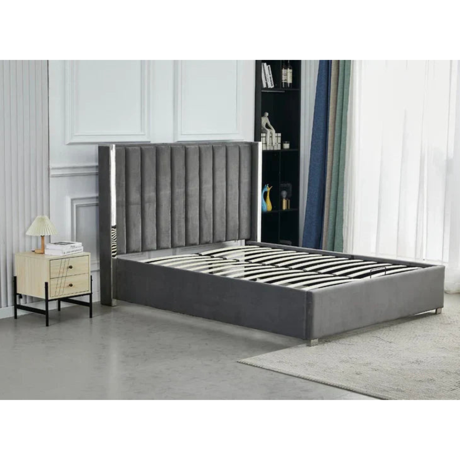 Lit Coffre avec Tête Capitonnée  avec Rangement  – Velours Taupe, Gris ou Noir – 140x200 / 160x200 cm