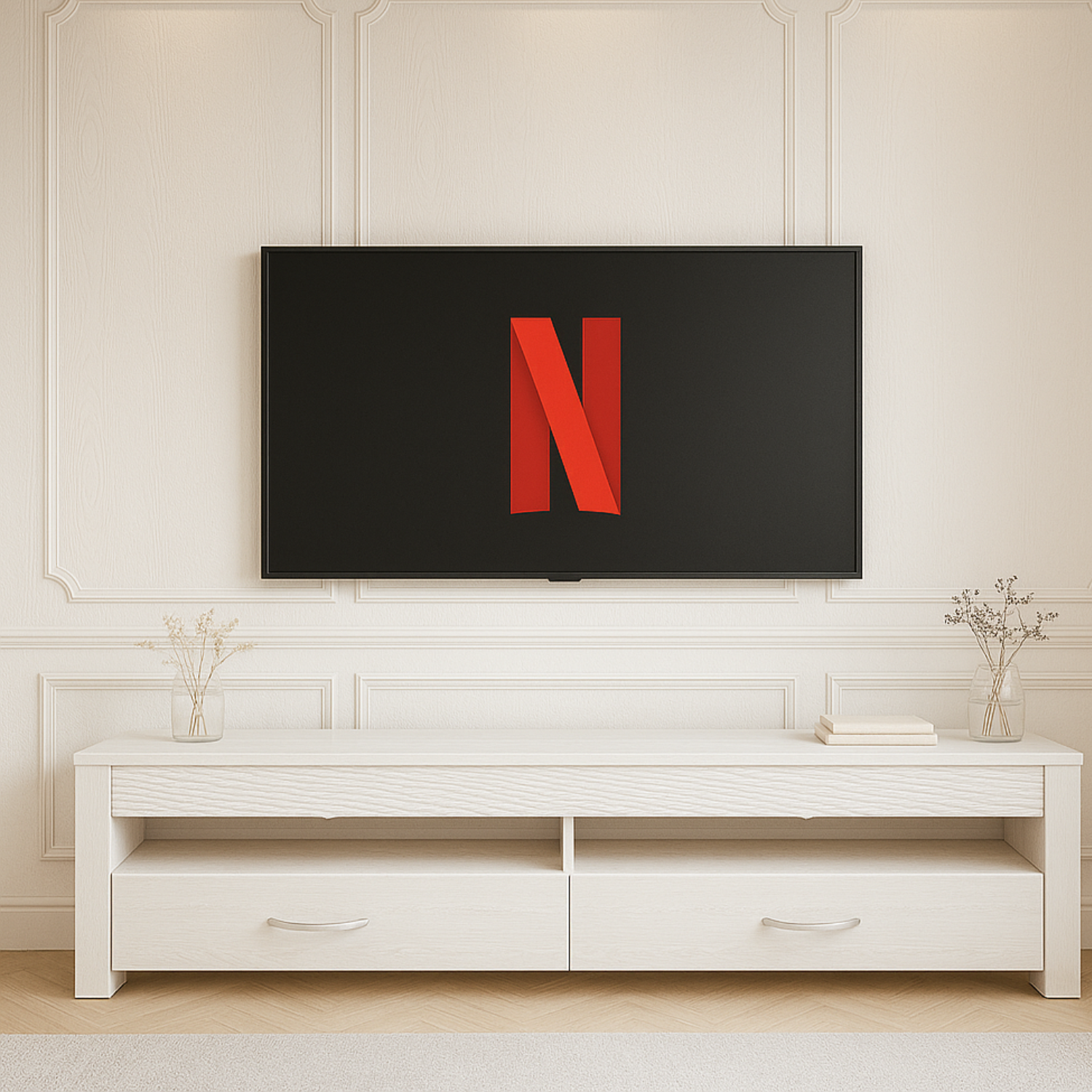 Meuble TV moderne – Pin Enneigé – Design épuré et durable – Compartiments de rangement pratiques