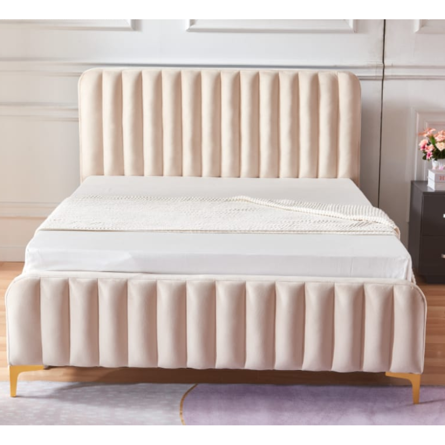 Lit revêtement en velours et sommier à latte en bois