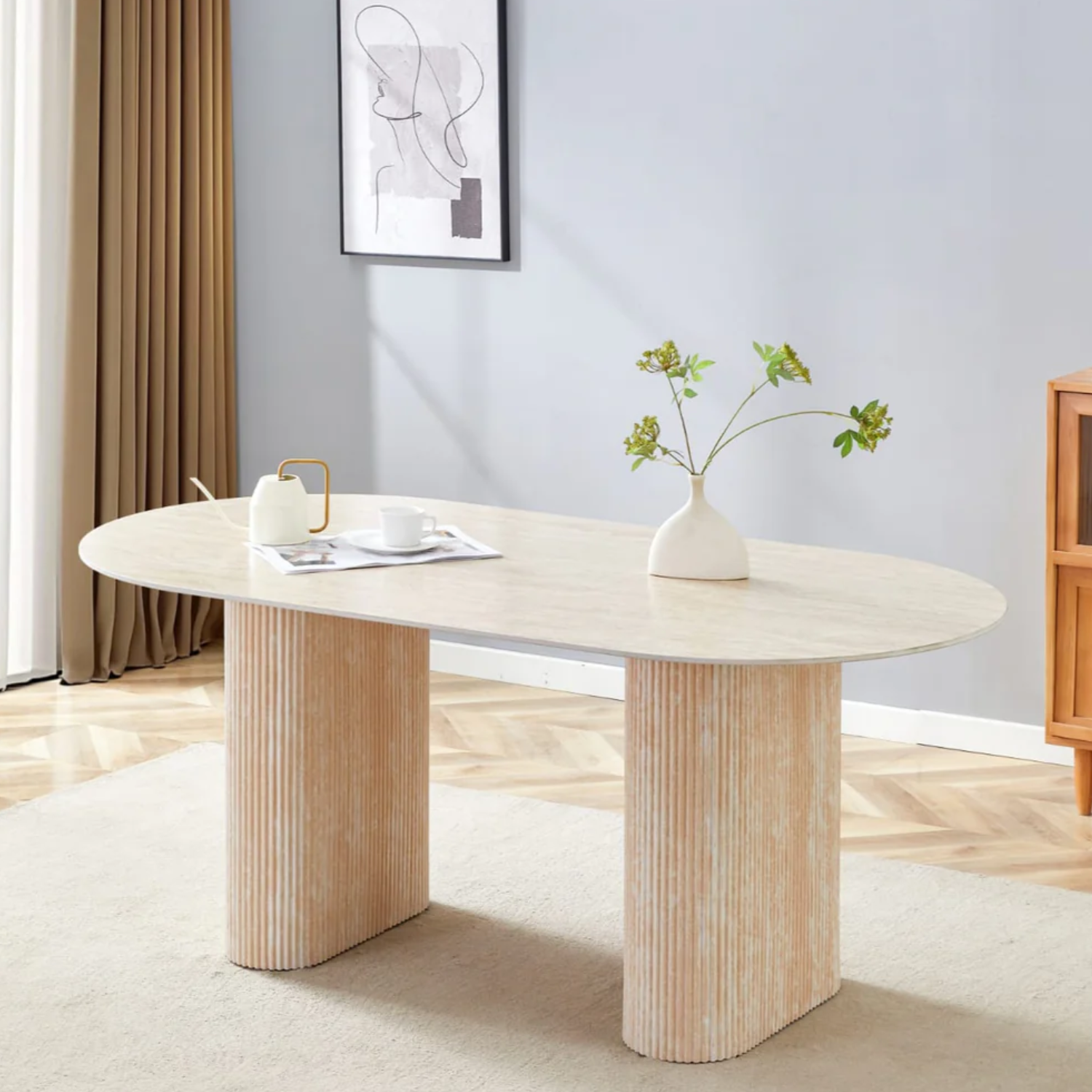 Table à manger – Design pierre naturelle –  Plateau céramique marbre ou travertin – Pied effet travertin ou beige – 160 ou 180 cm