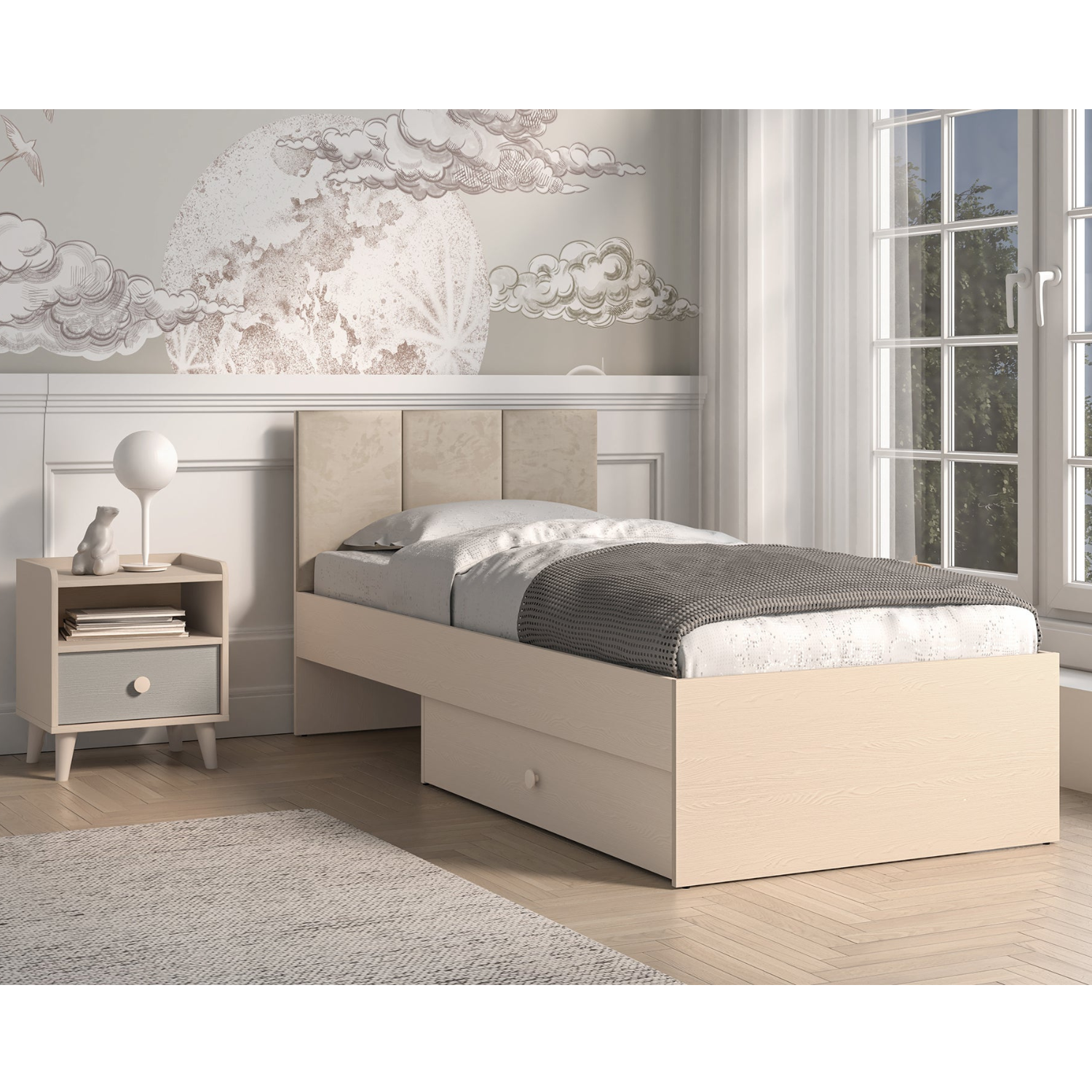 Lit enfant Moderne avec Tête de Lit en Velours Beige et Structure en Sable du Désert – Design Élégant et Confort Assuré