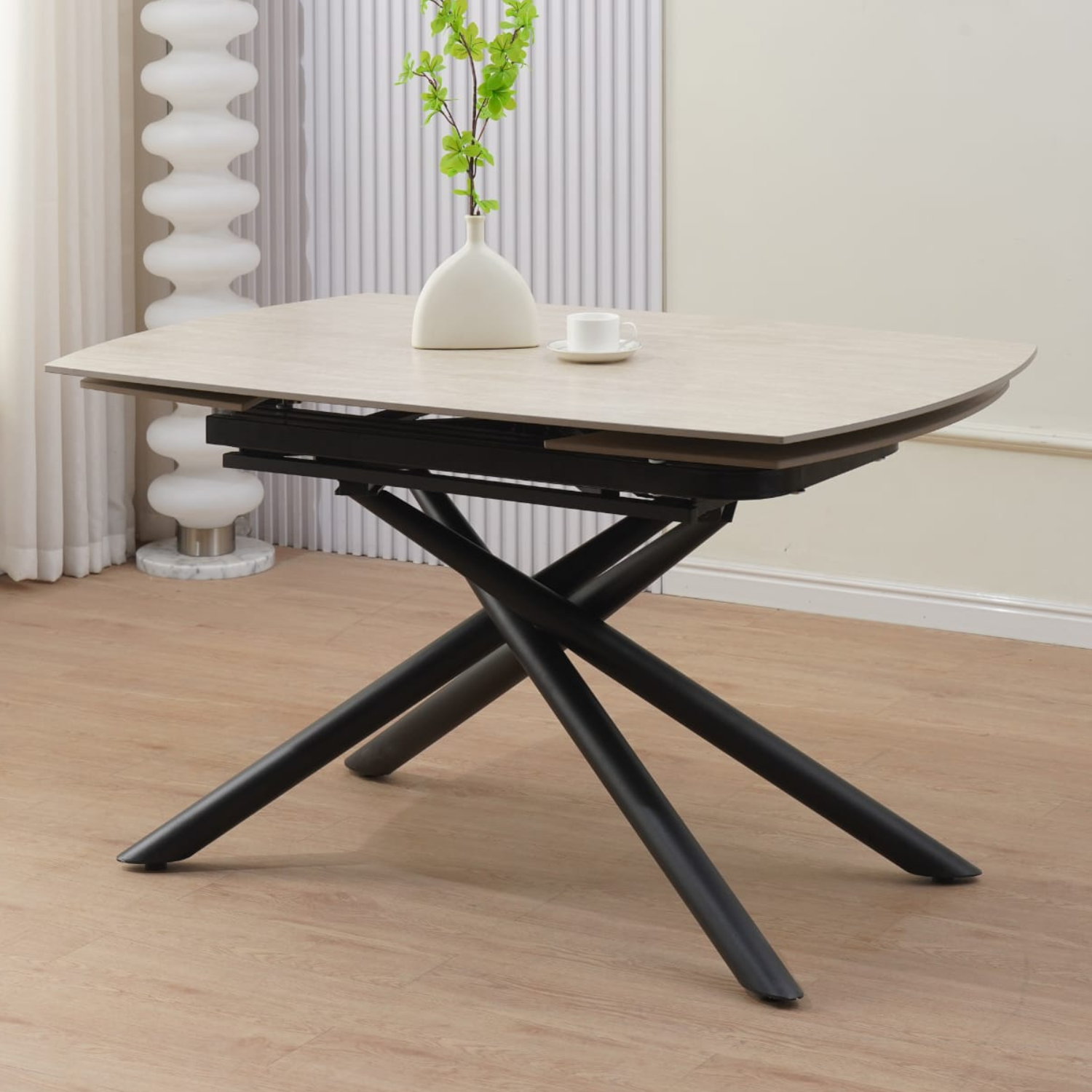 Table à manger extensible  – Plateau céramique travertin mat ou blanc – Pied métal noir –  129/189x89x76 cm