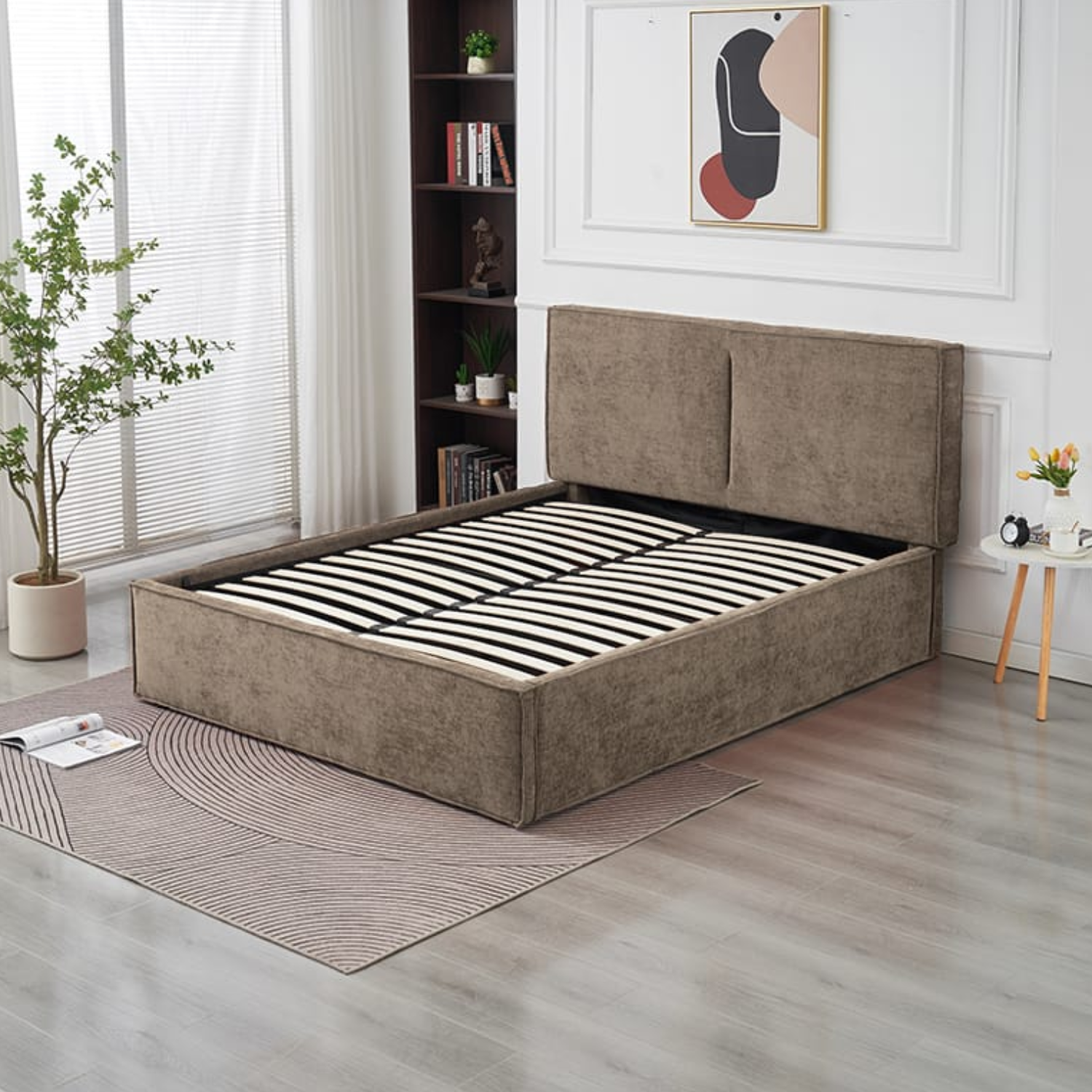 Lit coffre  en tissu chenille – avec sommier à lattes et rangement intégré (140x190, 160x200, 180x200)
