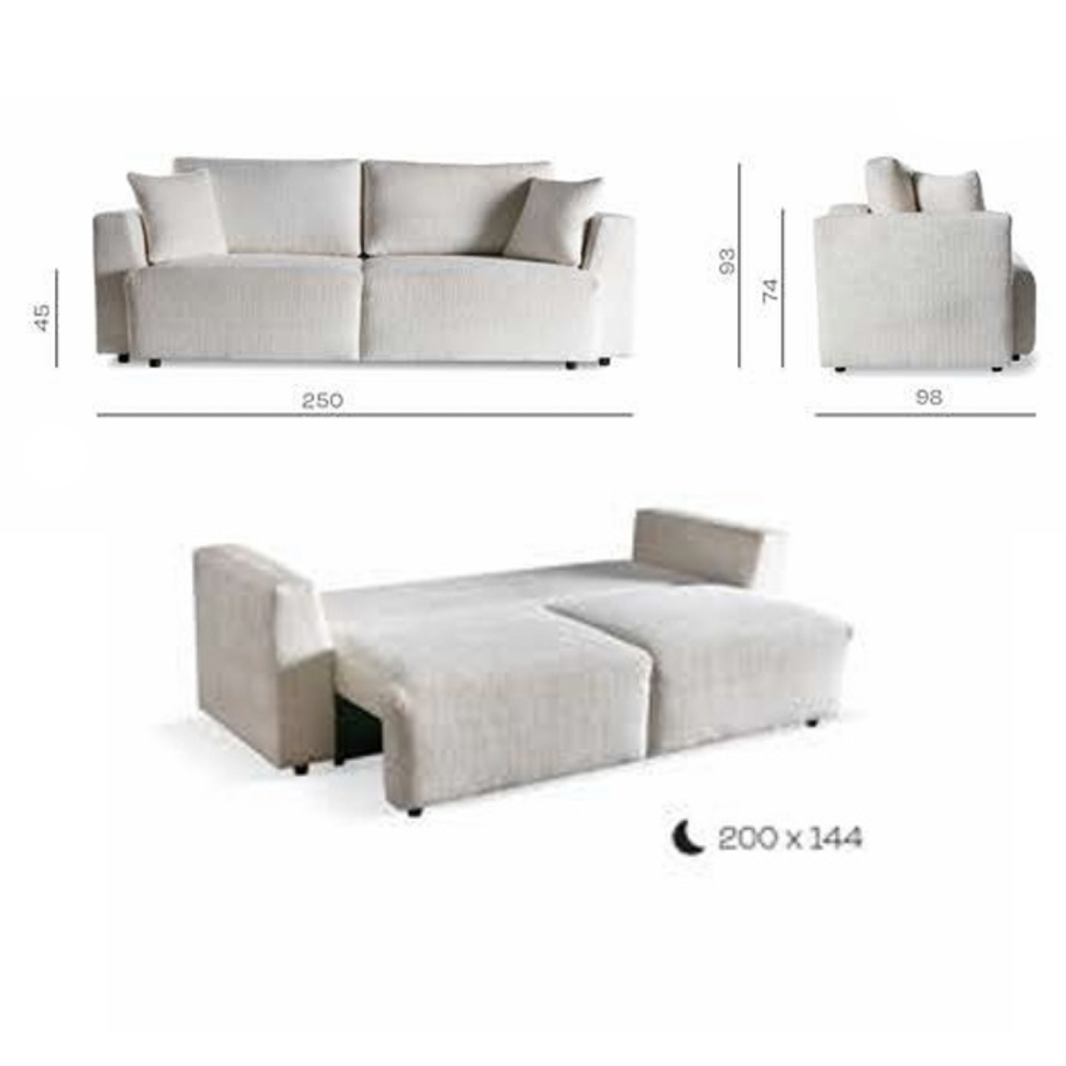 Canapé convertible avec coffre, coussins amovibles et revêtement en tissu bouclé