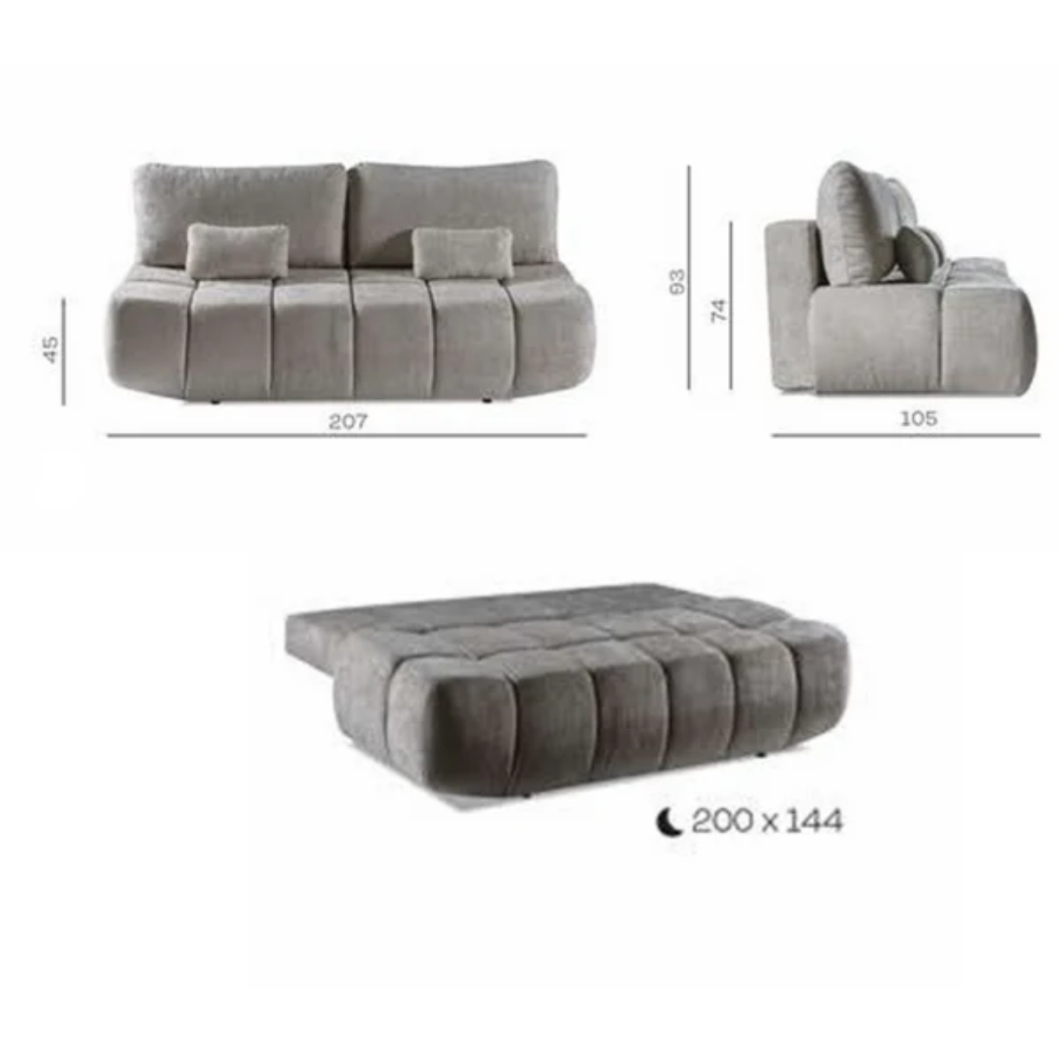 Canapé pratique 207 cm sans côtés avec fonction couchage et coffre