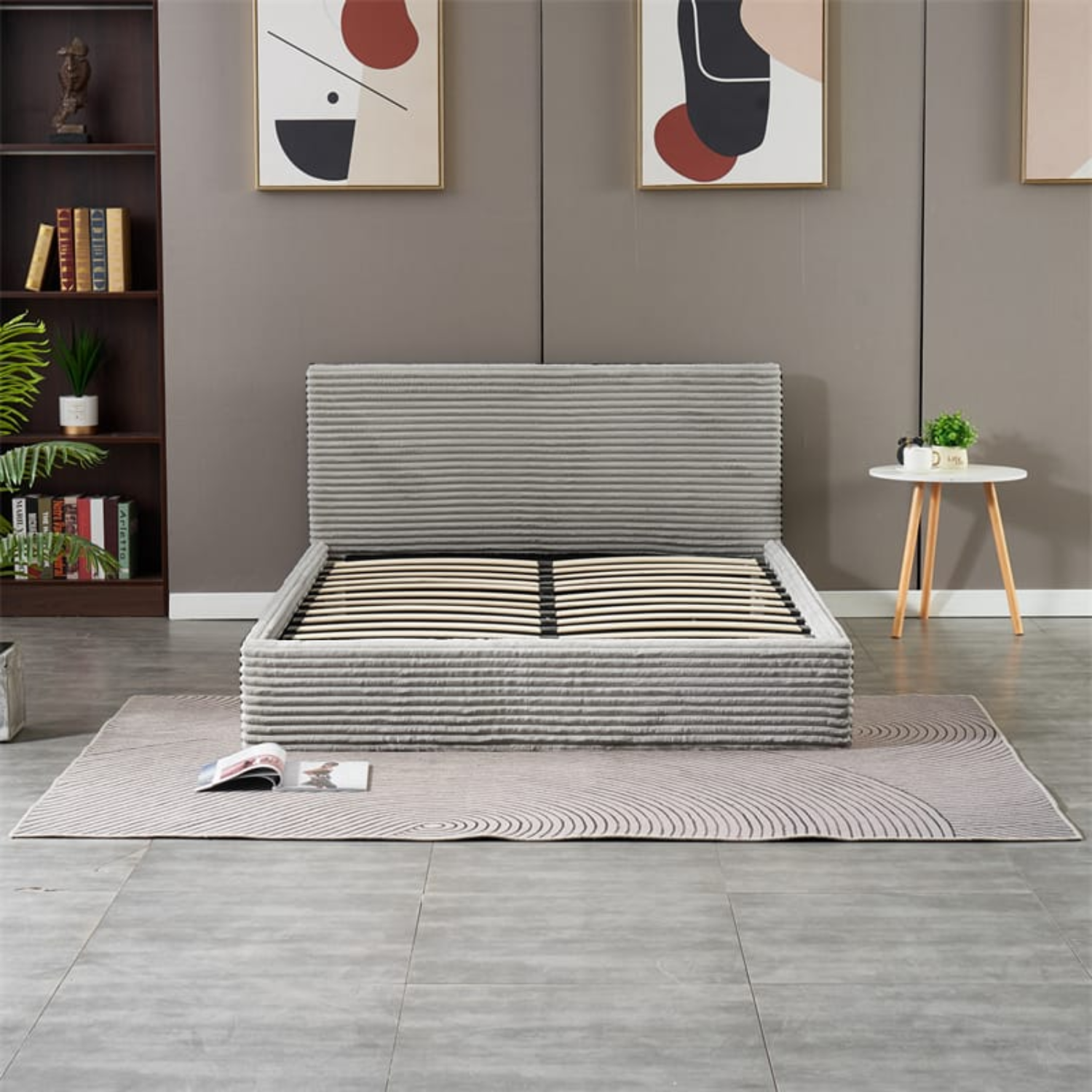 Lit Coffre Côtelé en Velours – Écru ou Gris – 90x190, 140x190, 160x200 cm