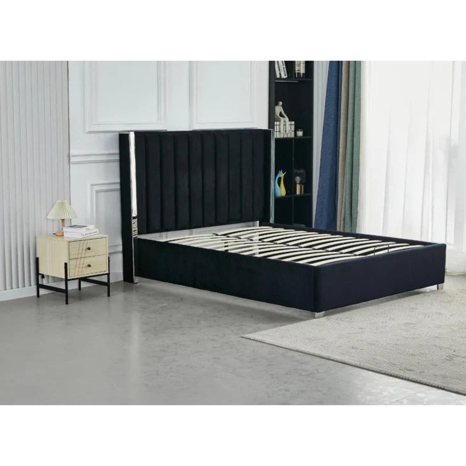 Lit Coffre avec Tête Capitonnée  avec Rangement  – Velours Taupe, Gris ou Noir – 140x200 / 160x200 cm