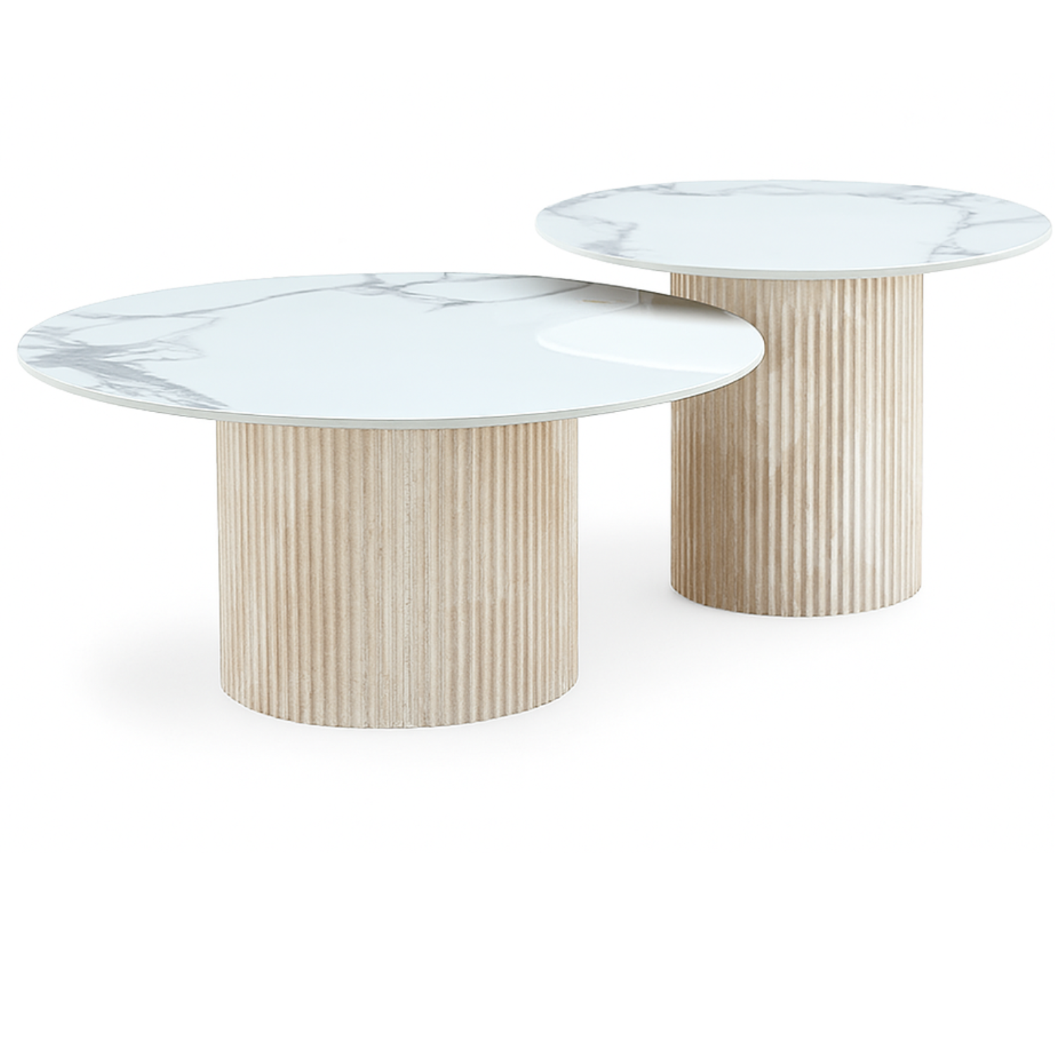 Table basse Plateau marbre en Céramique et Piètement Travertin
