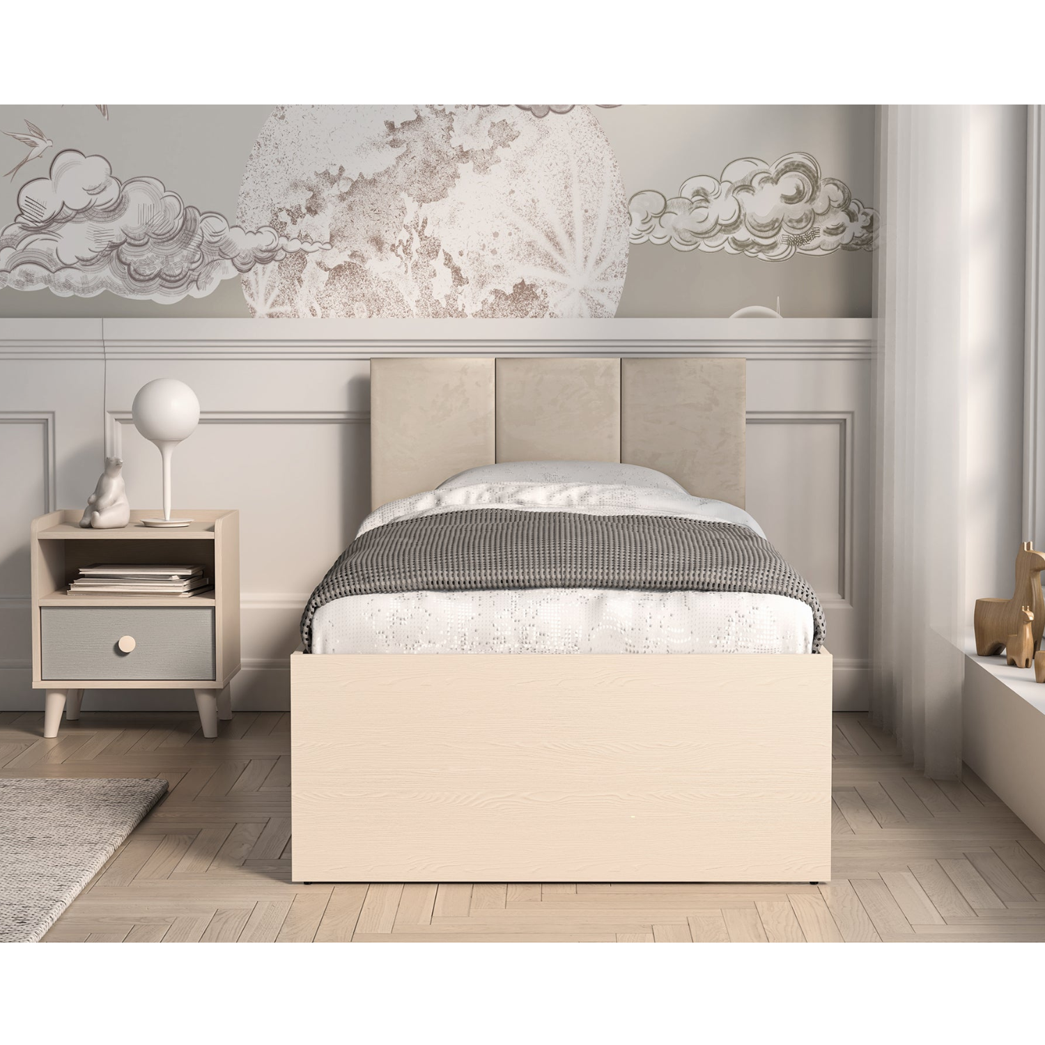 Lit enfant Moderne avec Tête de Lit en Velours Beige et Structure en Sable du Désert – Design Élégant et Confort Assuré