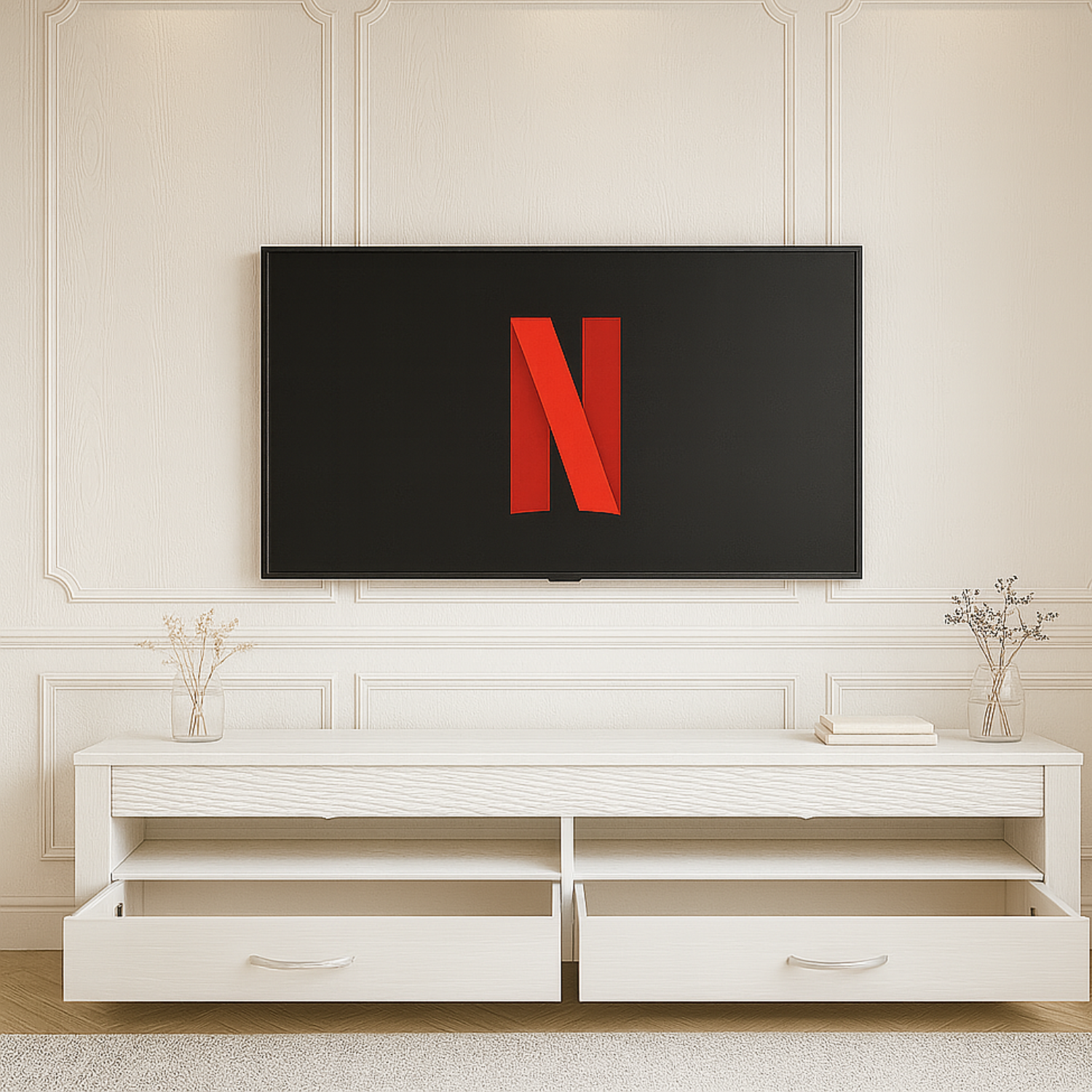 Meuble TV moderne – Pin Enneigé – Design épuré et durable – Compartiments de rangement pratiques