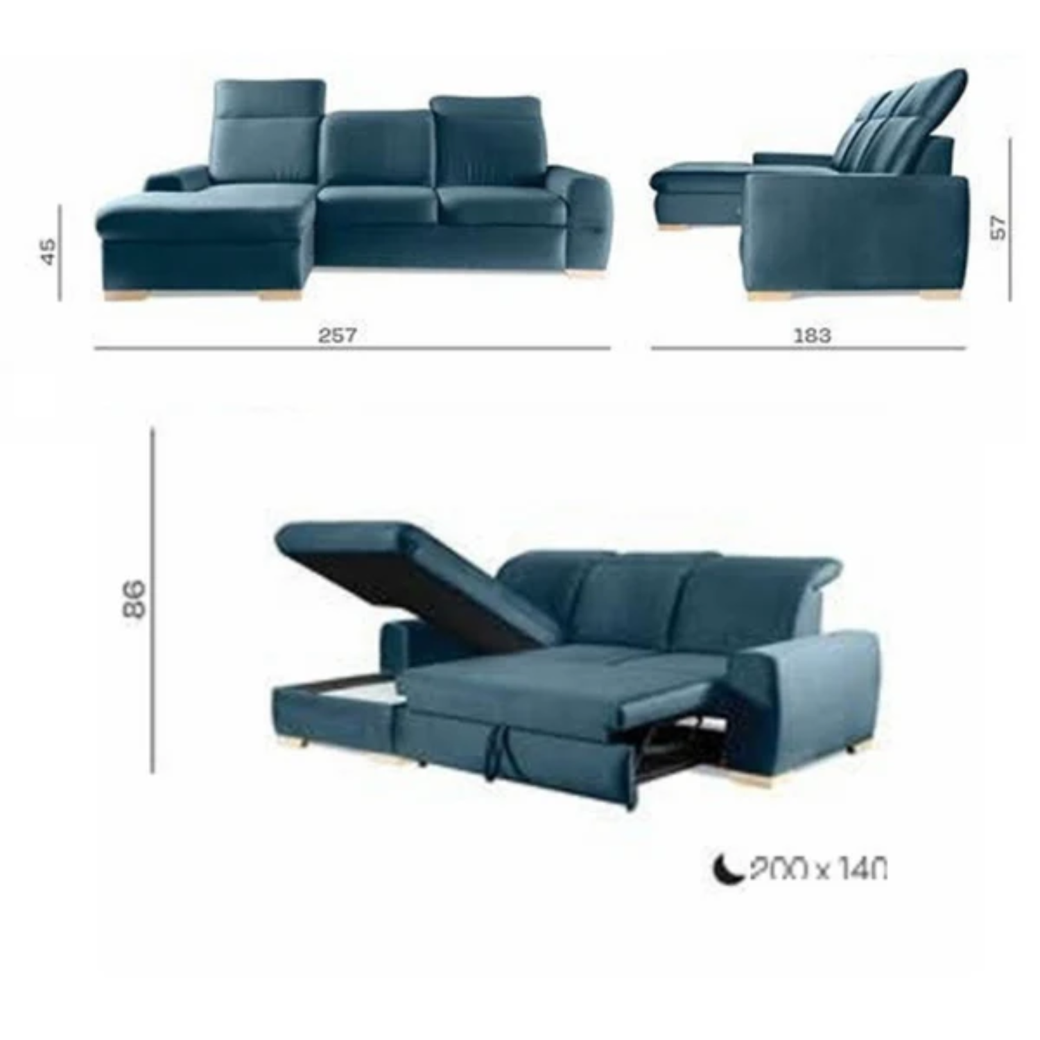 Canapé d’angle réversible avec couchage 200x140 cm et rangement intégré