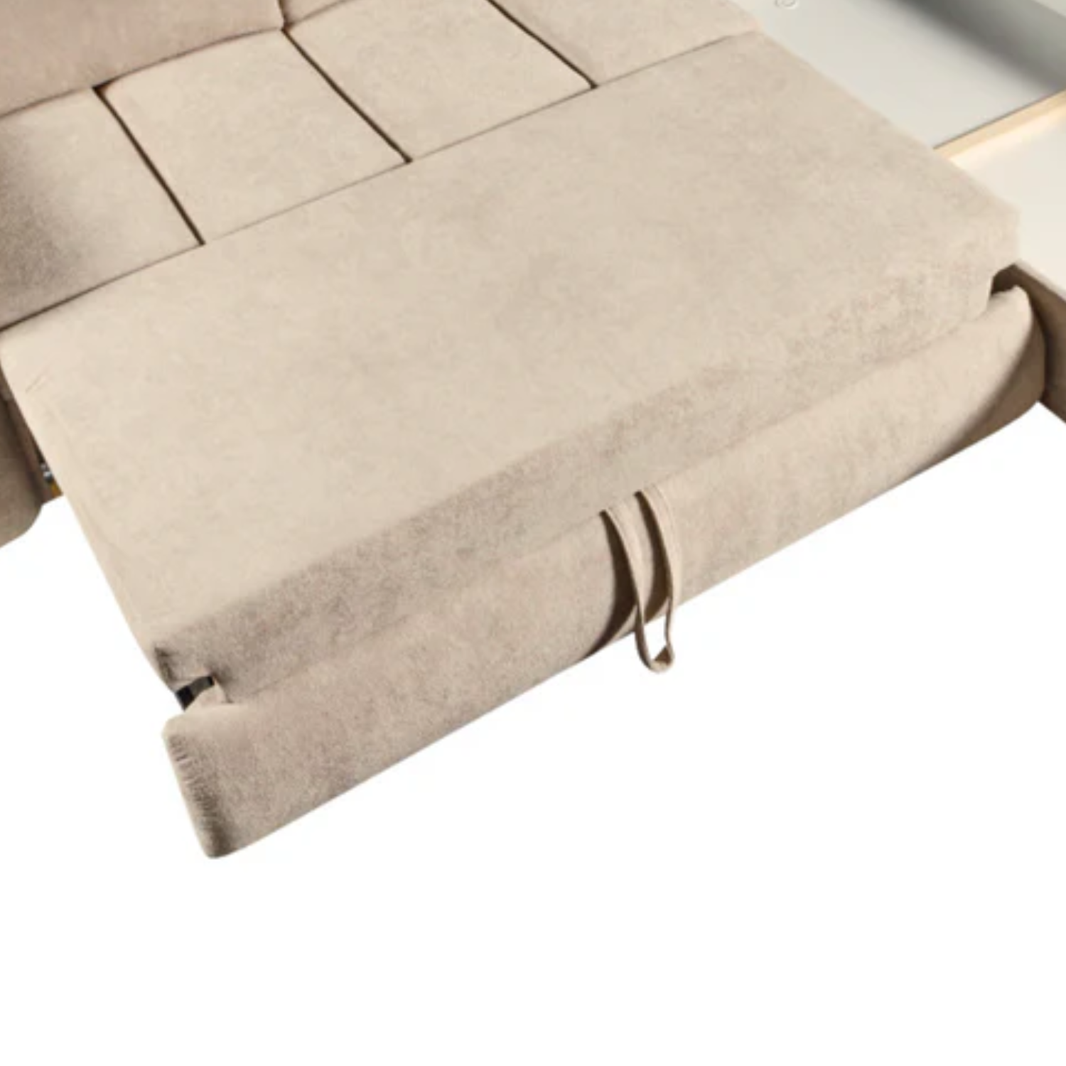 Canapé d’angle convertible beige avec lit intégré et appui-têtes réglables angle droit