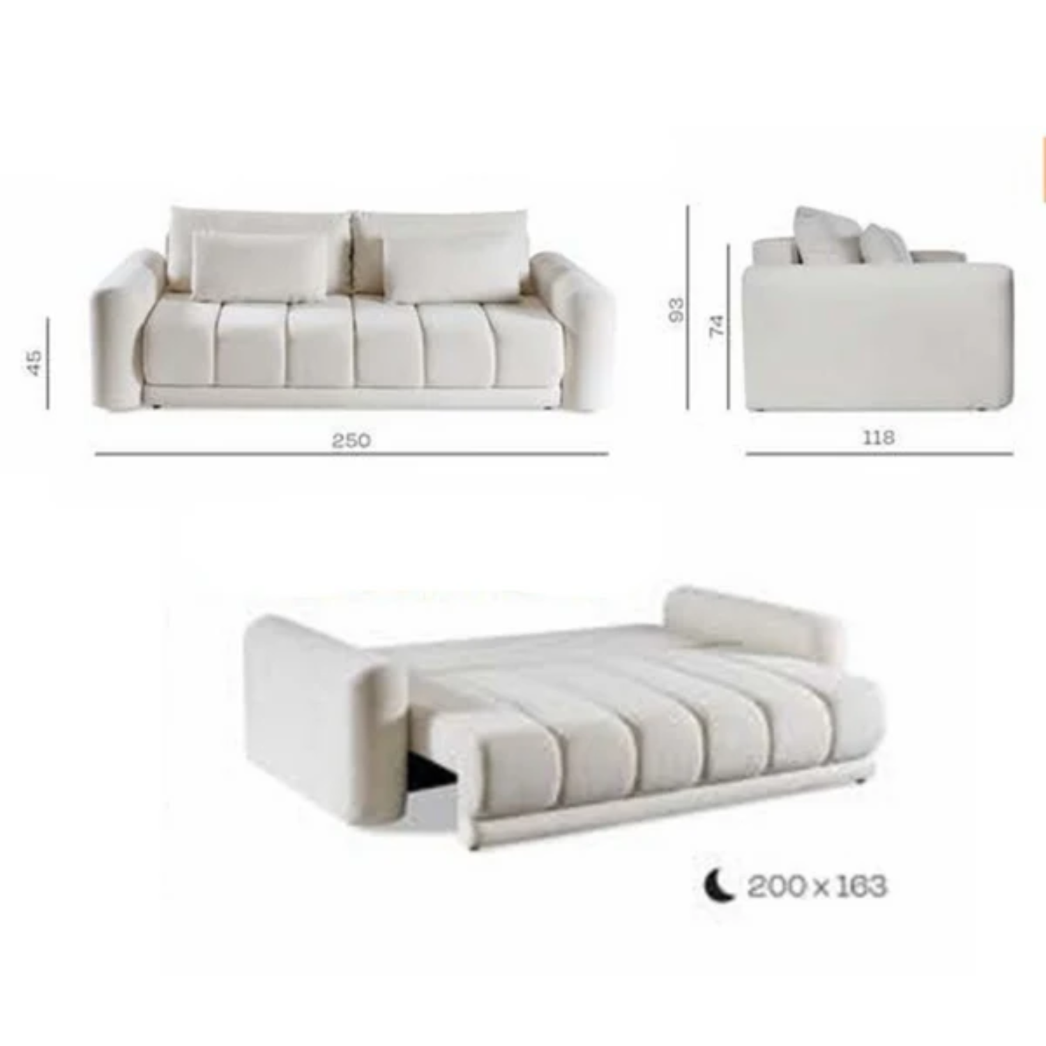 Canapé-lit 3 places 250 cm – Beige, convertible avec coffre et couchage XXL 163x200 cm