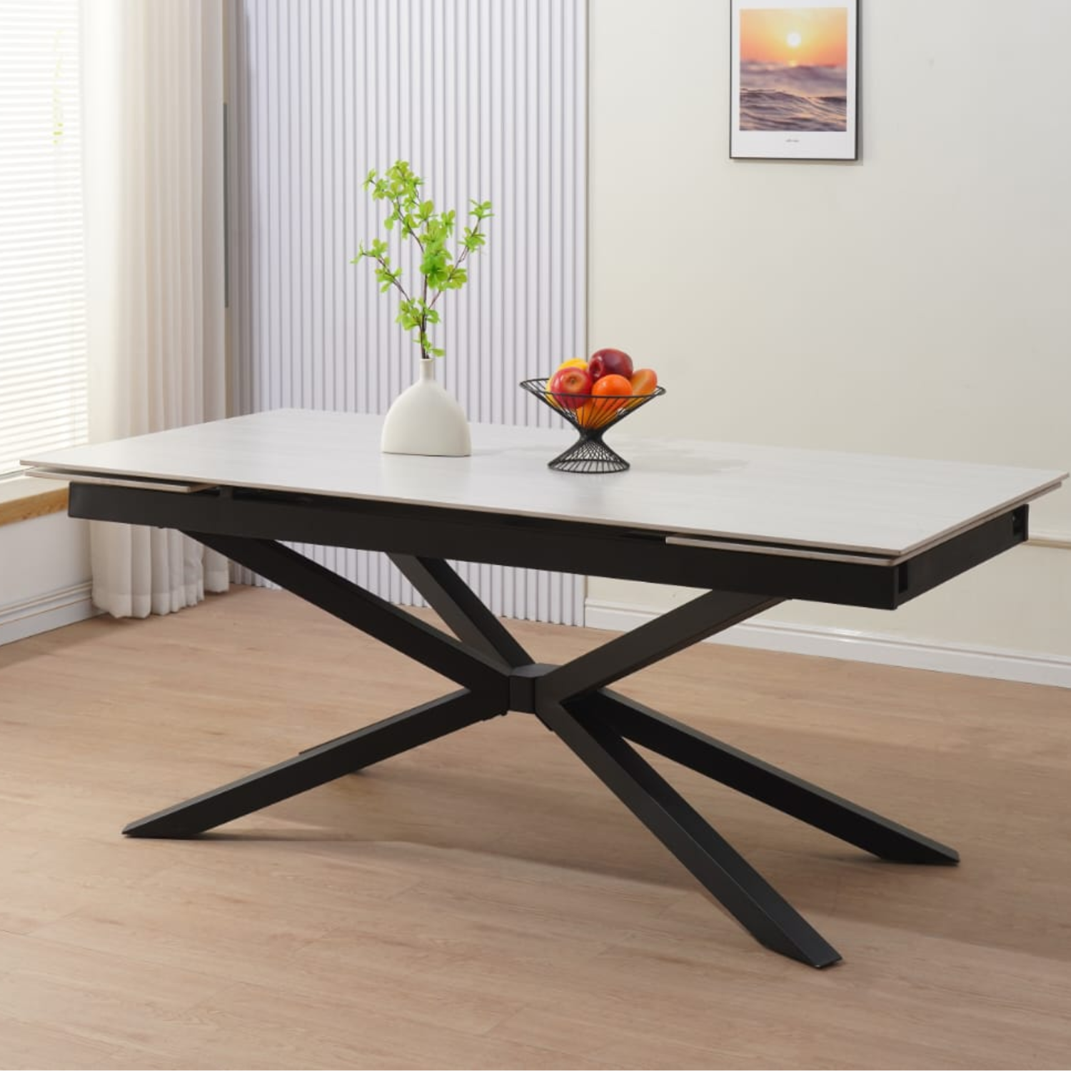 Table à manger extensible  – Plateau céramique travertin mat ou blanc –  Pied métal noir – 180/260x90x76 cm