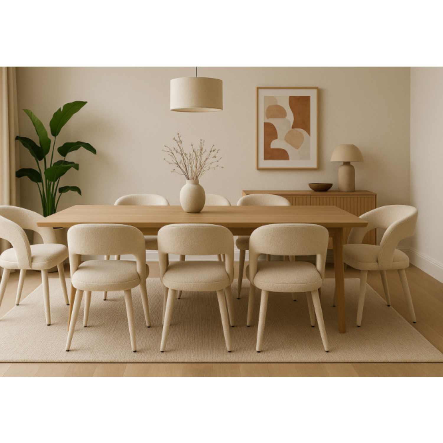 Chaise design – Assise et dossier en tissu bouclé, piétement acier (Beige / Blanc)