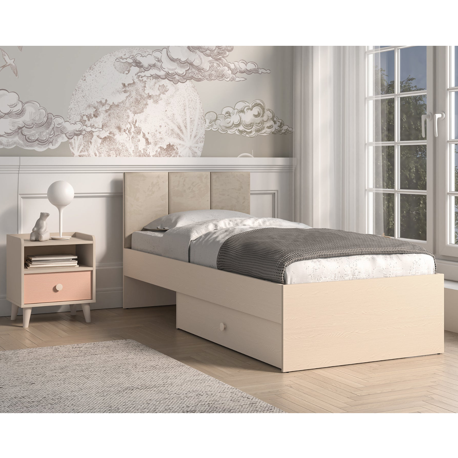 Lit enfant Moderne avec Tête de Lit en Velours Beige et Structure en Sable du Désert – Design Élégant et Confort Assuré