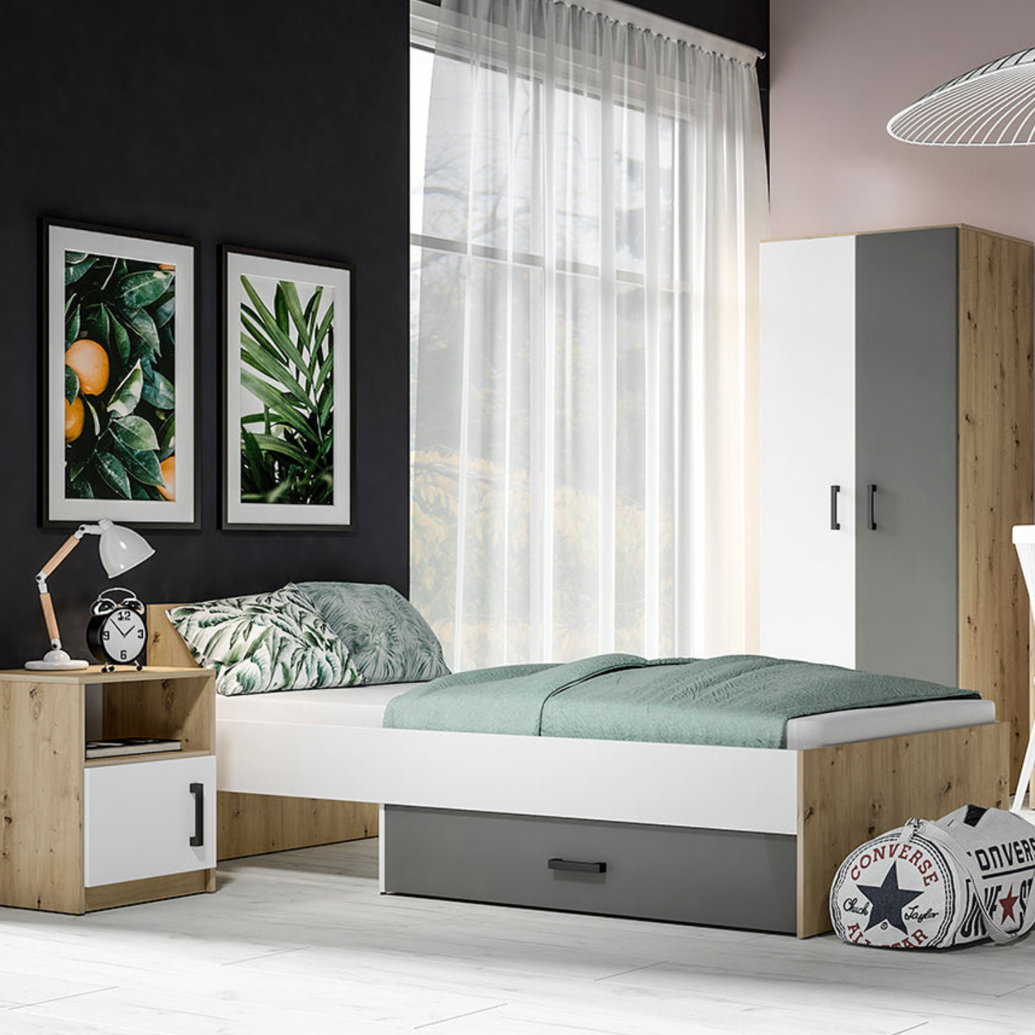 Lit Contemporain avec Structure en Bois et Métal - Confort et Élégance