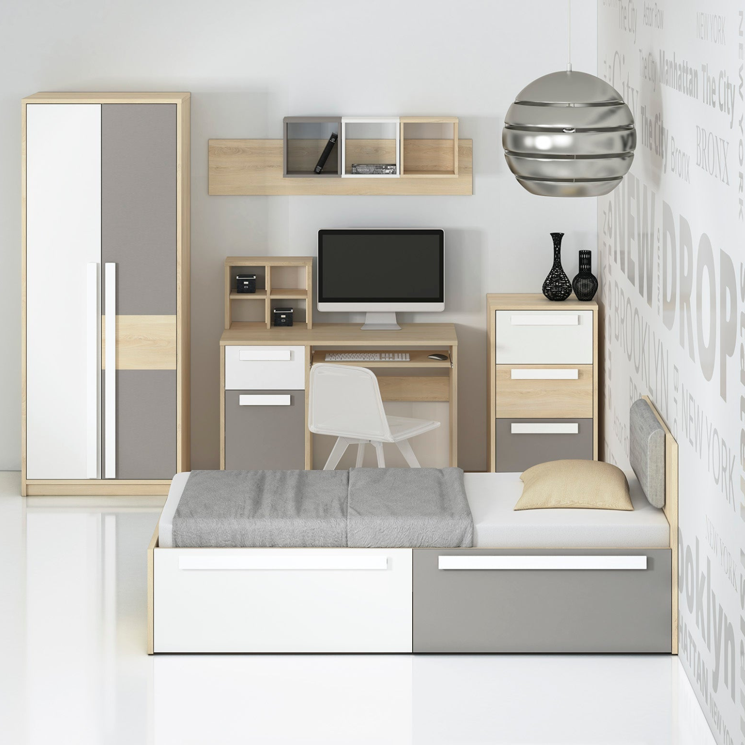 Lit contemporain Hêtre Fjord + Blanc, cadre solide avec bordure ABS et finition résistante