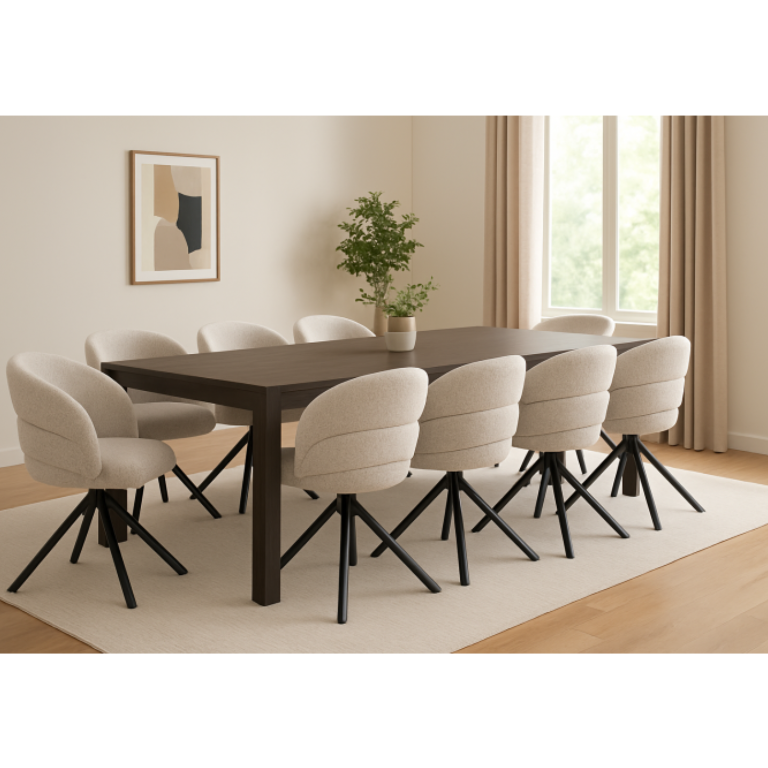 Chaise design pivotante 360° – Assise en tissu texturé, piétement en acier noir (Beige ou Taupe)