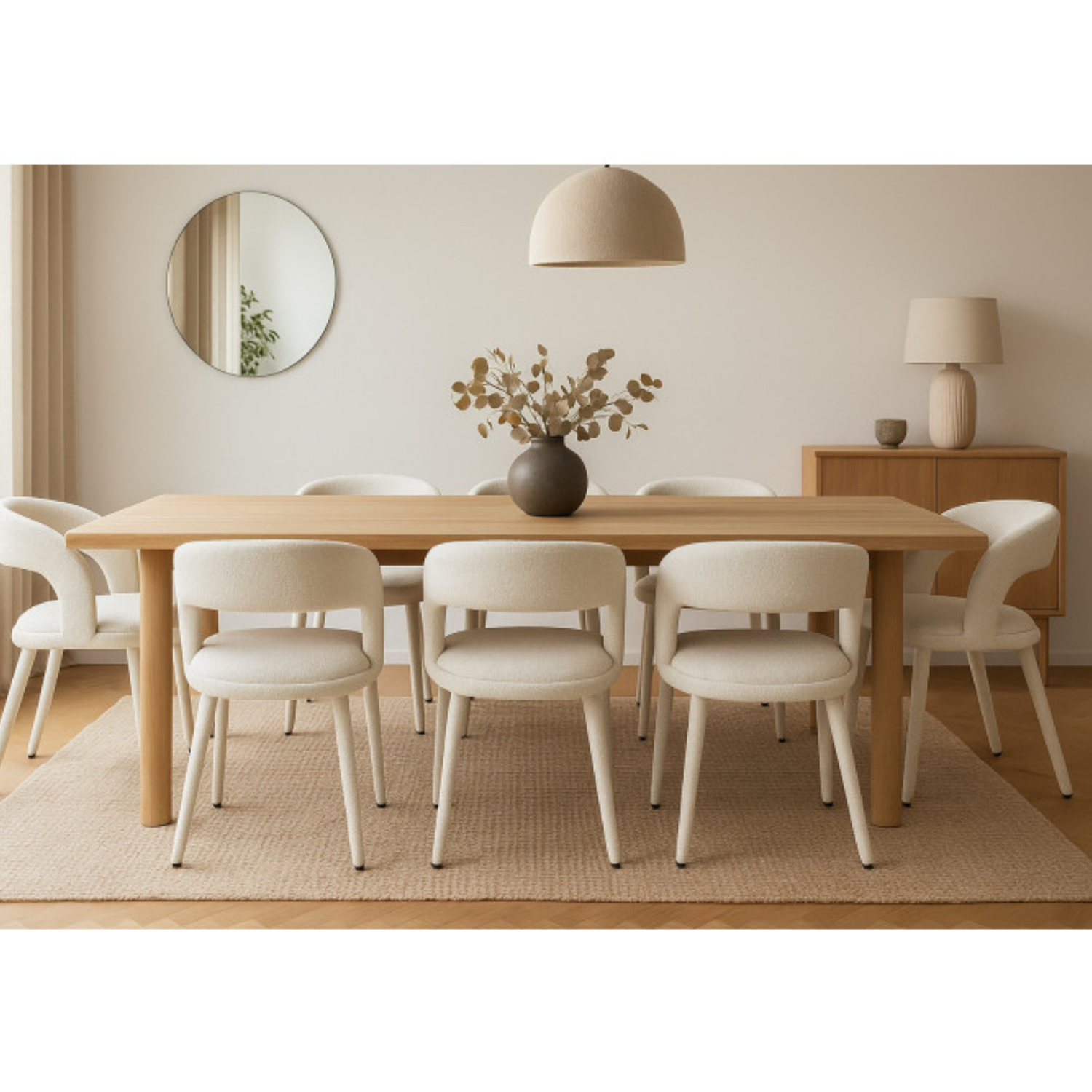 Chaise design – Assise et dossier en tissu bouclé, piétement acier (Beige / Blanc)