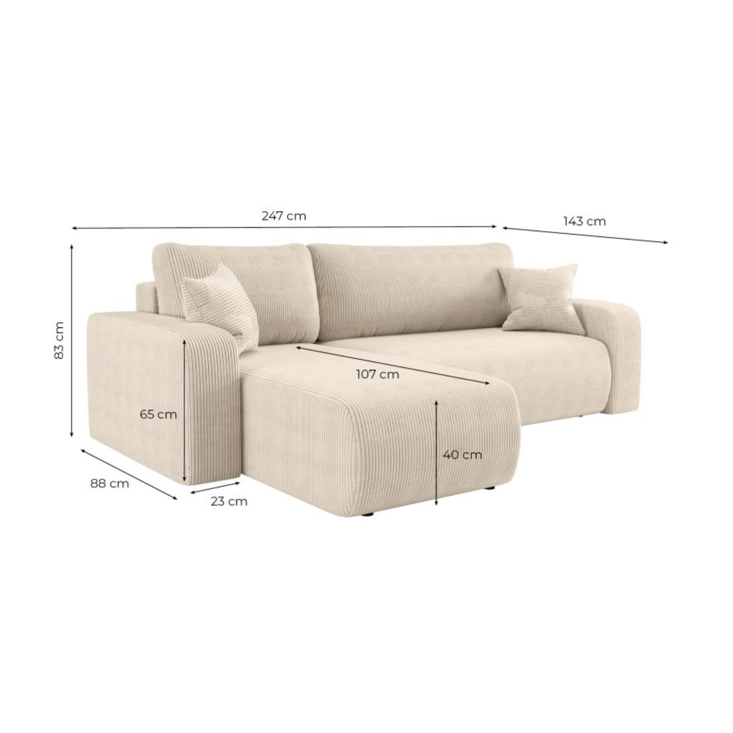 Canapé d'angle convertible et réversible 4 places en velours côtelé