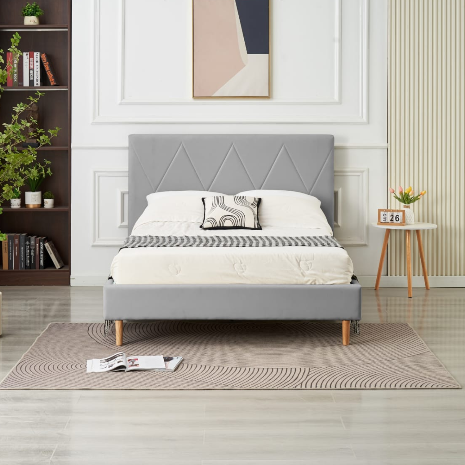 Lit Simple Pied Bois en Similicuir – Blanc, Beige, Noir, Gris – 90x190, 140x190, 160x200 cm